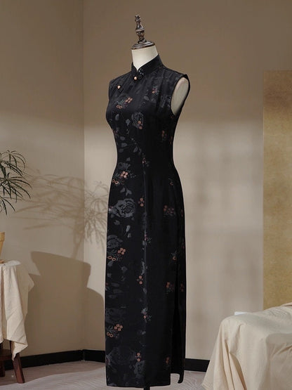 Black Sleeveless Cheongsam, Summer Chinese Qipao, long length Daily Wear