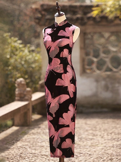 Black base with Pink Butterfly Pattern Sleeveless Cheongsam Velvet Chinese Qipao Green