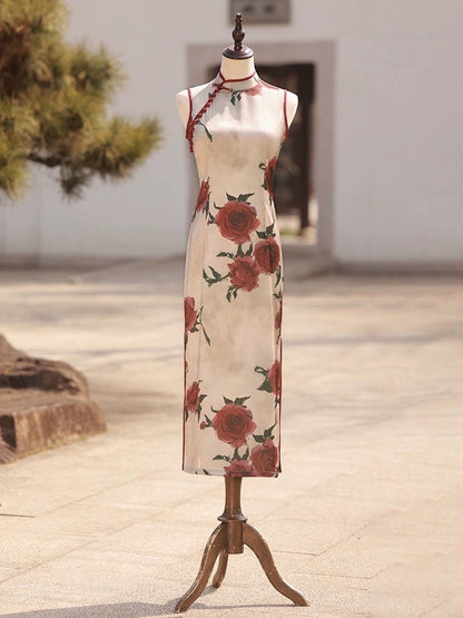 Rose Pattern Sleeveless Cheongsam Velvet Chinese Traditional Qipao