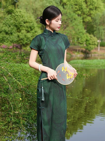 Mulberry Silk Short-sleeved long Cheongsam Qipao Dark Green Traditional Dress