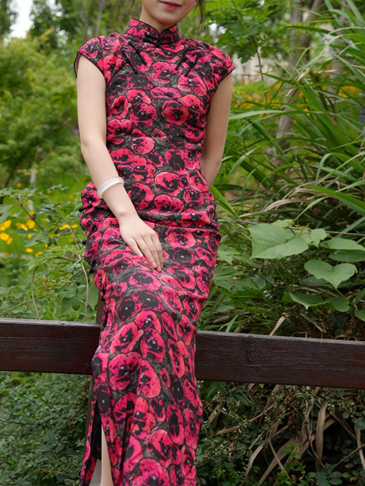 Red Flower Cheongsam Traditional Qipao Dress Long Chinese Summer Dress