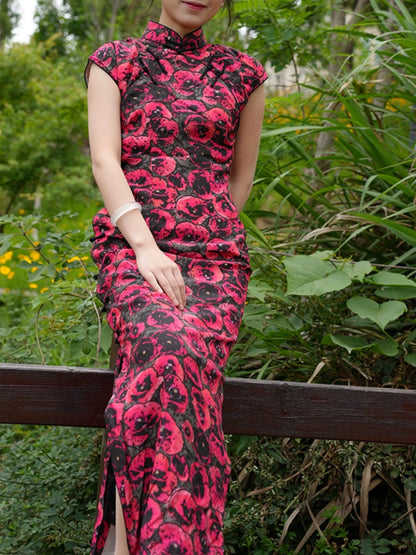 Red Flower Cheongsam Traditional Qipao Dress Long Chinese Summer Dress