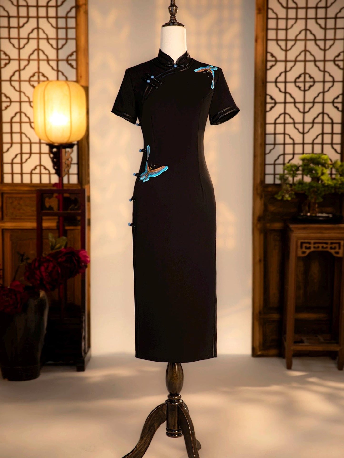 Black Cheongsam with Butterfly embroidery Pattern, Summer Chinese Qipao, long length Daily Wear