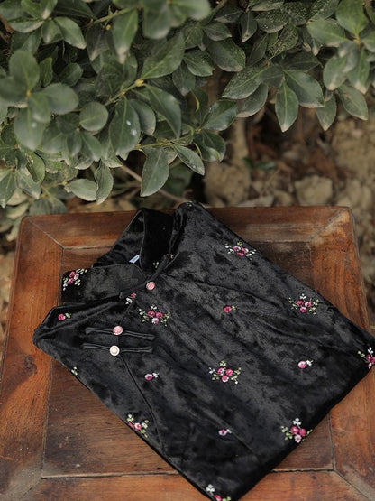 Black Velvet Cheongsam with Floral Chinese Qipao