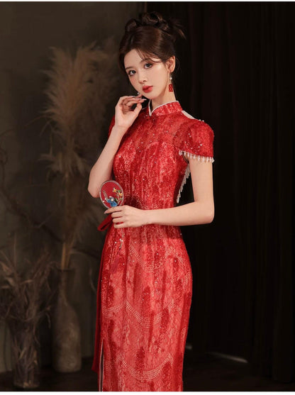 Red Lace Chinese Wedding Dress Open Back