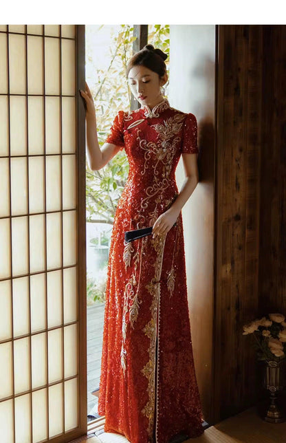 Red Traditional Chinese Wedding Dress Open Back Tea Ceremony