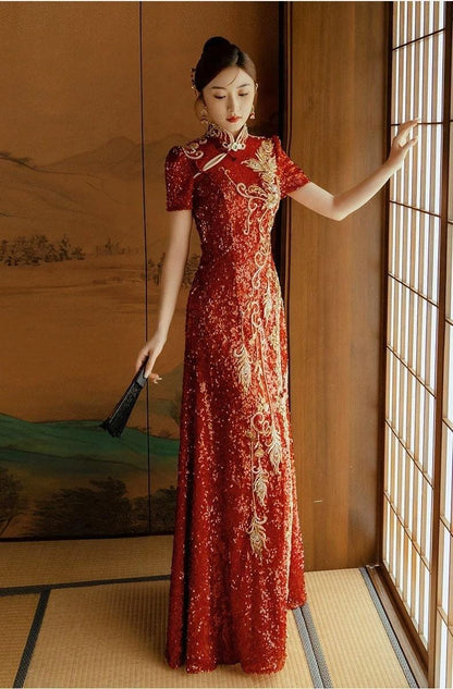 modern chinese tea ceremony dress Red Traditional Chinese Wedding Dress Open Back Tea Ceremony ChinaDesigner