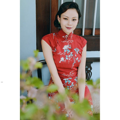 Red Sleeveless Long-length Vintage Flower Printed Daily Cheongsam Traditional Qipao Dress