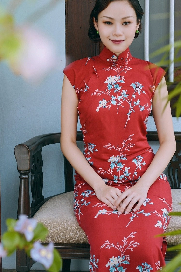 Red Sleeveless Long-length Vintage Flower Printed Daily Cheongsam Traditional Qipao Dress