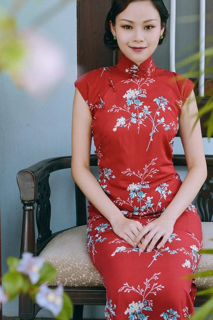 Red Sleeveless Long-length Vintage Flower Printed Daily Cheongsam Traditional Qipao Dress