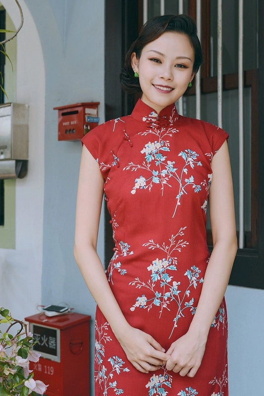 Red Sleeveless Long-length Vintage Flower Printed Daily Cheongsam Traditional Qipao Dress