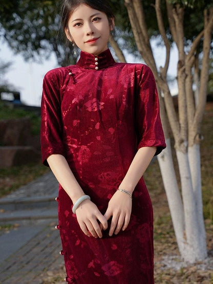 Wine Red Long-length Cheongsam Traditional Qipao