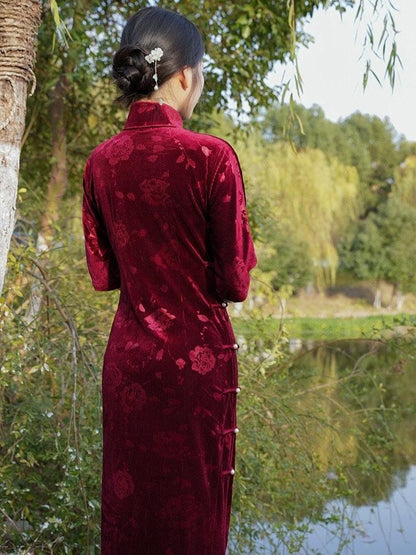 Wine Red Long-length Cheongsam Traditional Qipao