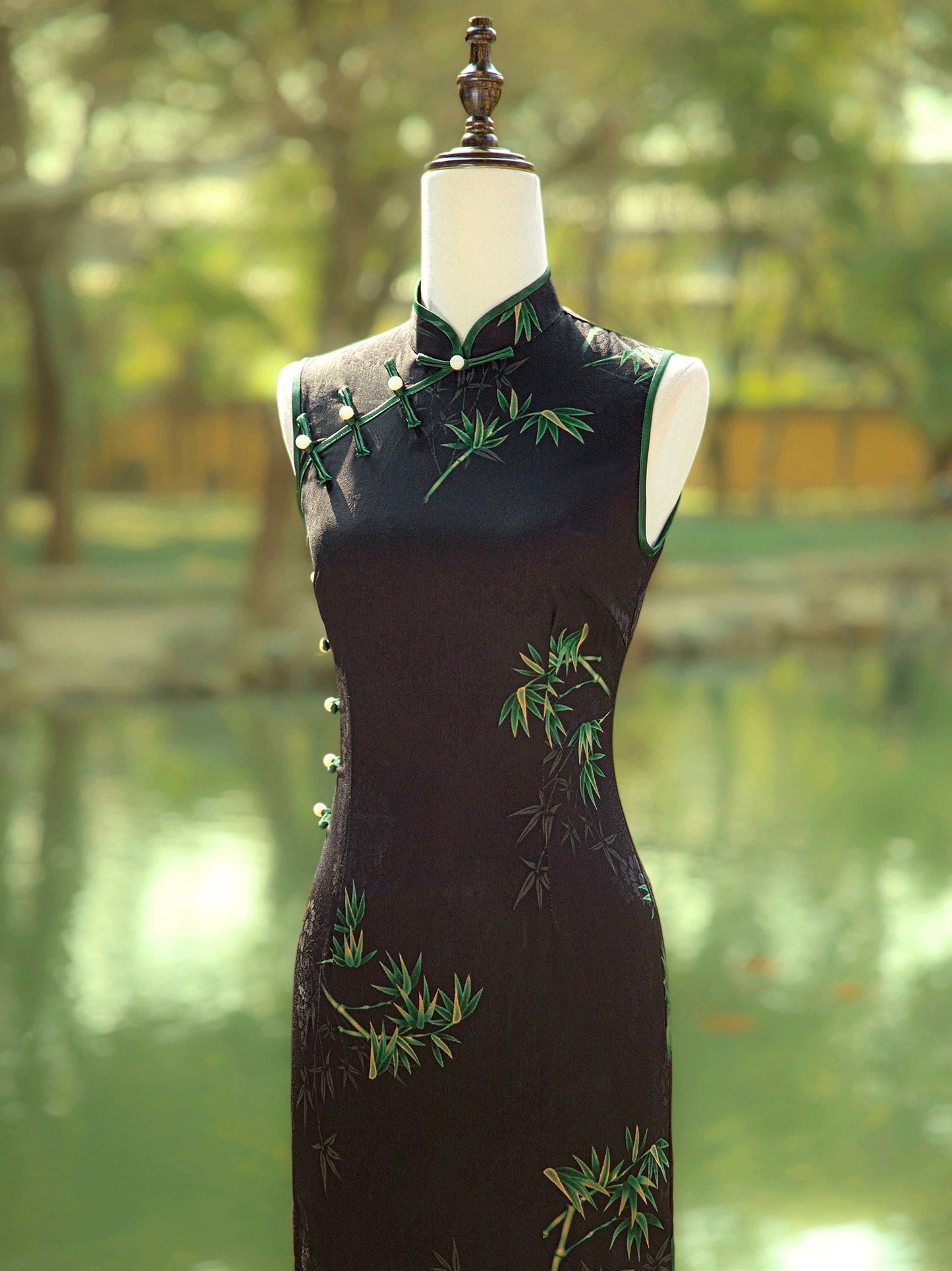 Black Sleeveless Cheongsam, Summer Chinese Qipao, long length Daily Wear Bamboo Pattern Dress