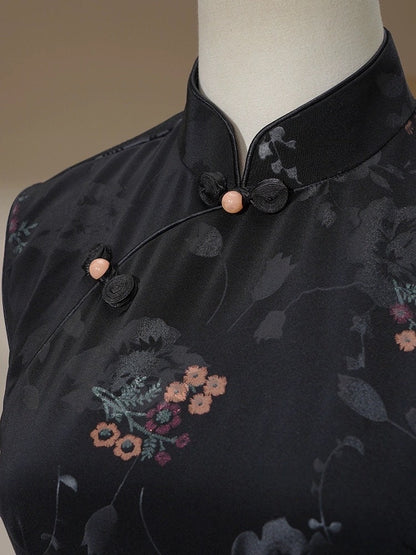 Black Sleeveless Cheongsam, Summer Chinese Qipao, long length Daily Wear