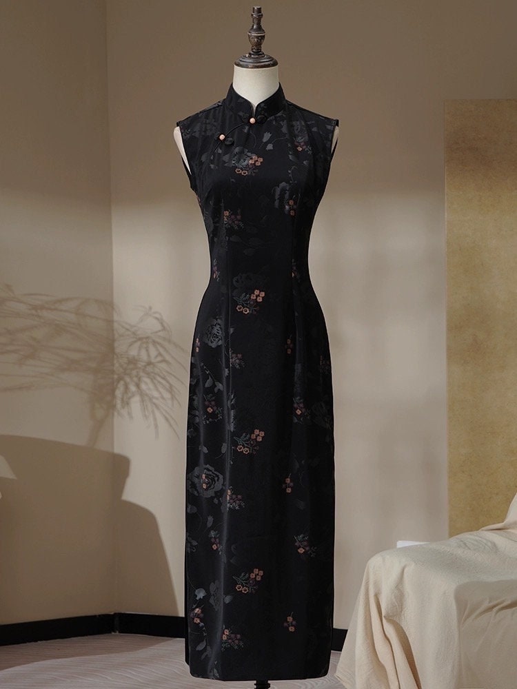 Black Sleeveless Cheongsam, Summer Chinese Qipao, long length Daily Wear