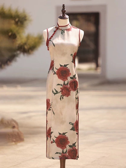 Rose Pattern Sleeveless Cheongsam Velvet Chinese Traditional Qipao