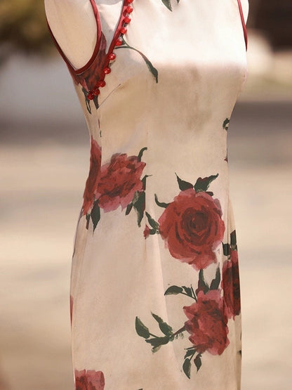 Rose Pattern Sleeveless Cheongsam Velvet Chinese Traditional Qipao