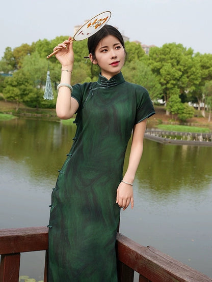 Mulberry Silk Short-sleeved long Cheongsam Qipao Dark Green Traditional Dress