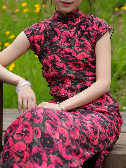 Red Flower Cheongsam Traditional Qipao Dress Long Chinese Summer Dress