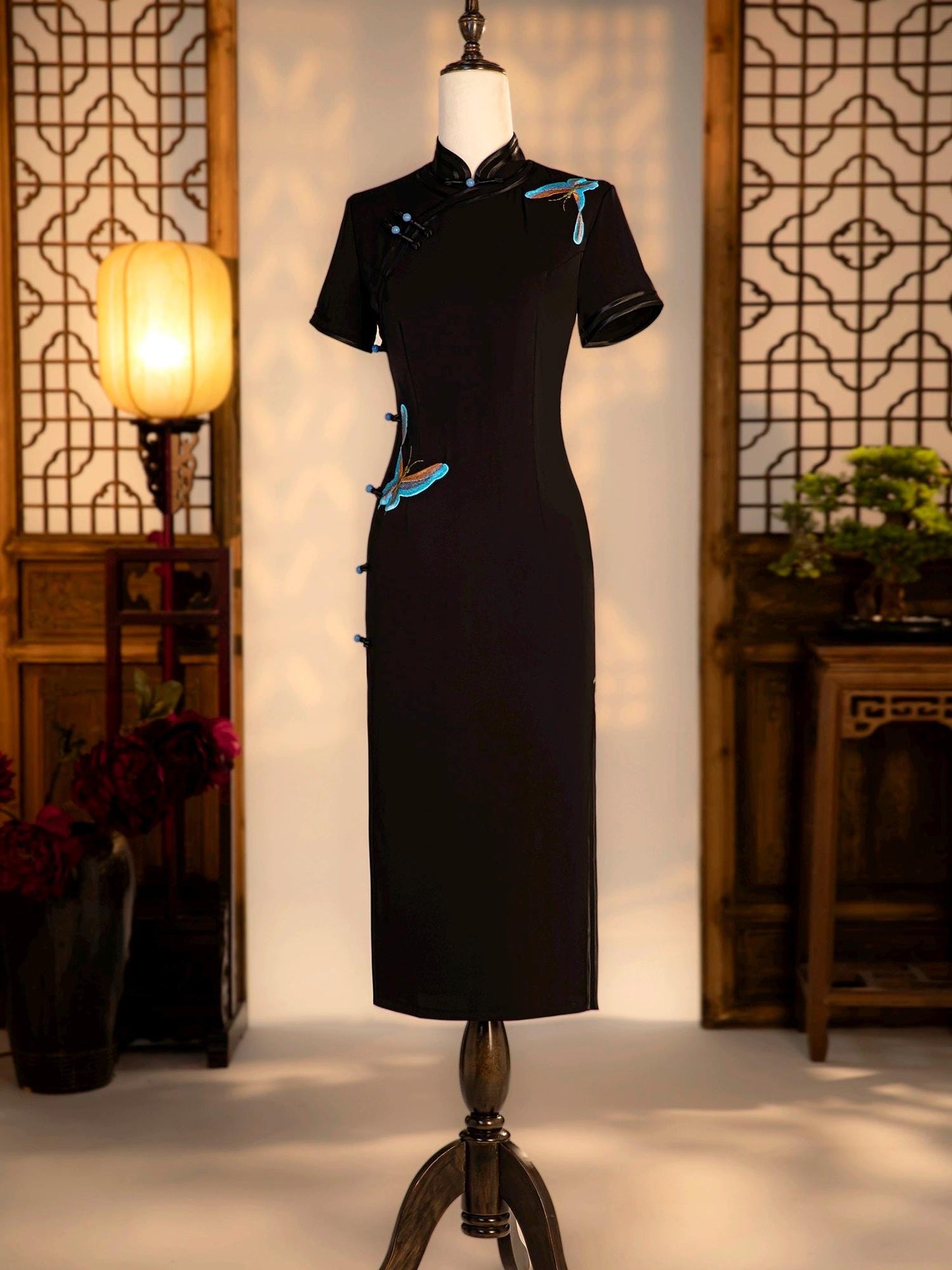 Black Cheongsam with Butterfly embroidery Pattern, Summer Chinese Qipao, long length Daily Wear