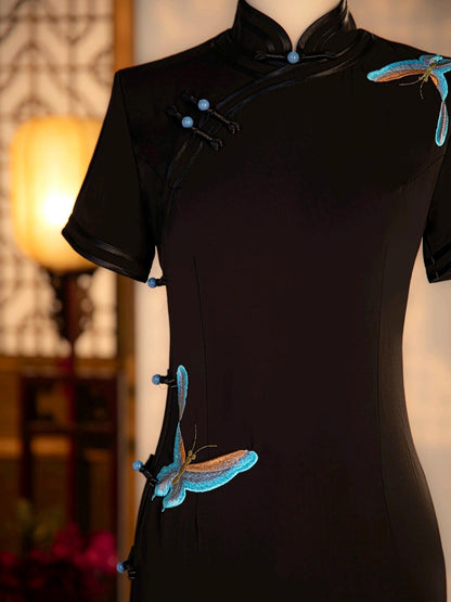 Black Cheongsam with Butterfly embroidery Pattern, Summer Chinese Qipao, long length Daily Wear