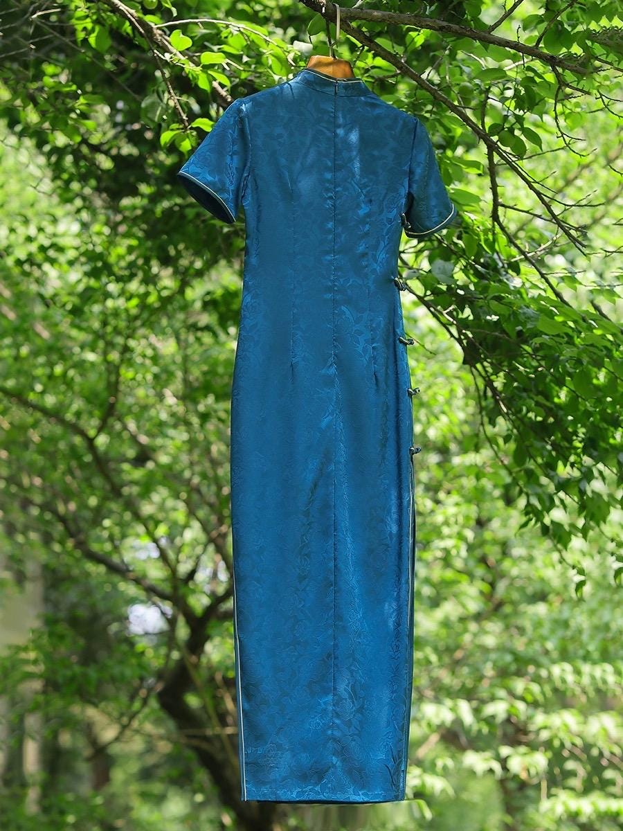 Blue Cheongsam, Summer Chinese Qipao, Blue long length Daily Wear Party Dress