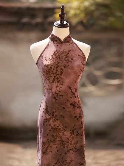 Brown Sleeveless Cheongsam, Summer Chinese Qipao, long length Daily Wear Halterneck dress