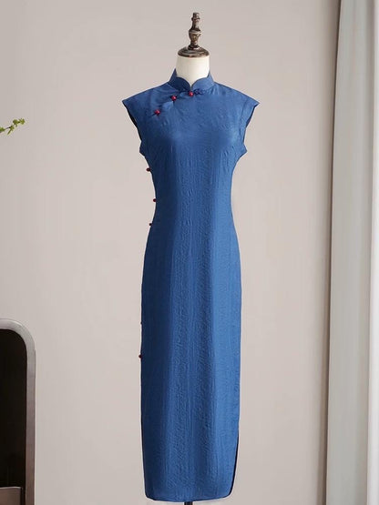 Blue Sleeveless Cheongsam, Summer Chinese Qipao, long length Daily Wear