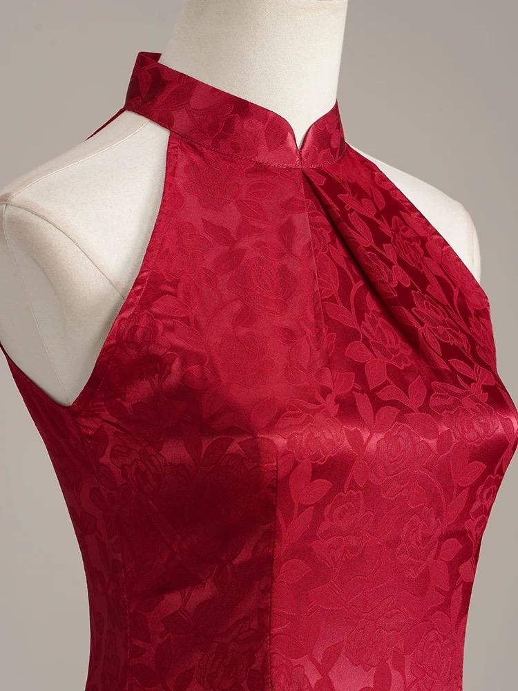 Wine Red Sleeveless Cheongsam, Summer Chinese Qipao, Halterneck dress, Dinner Dress