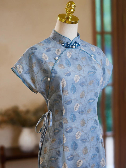 Light Blue Cheongsam, Summer Chinese Qipao, Floral Pattern Daily Wear Dress