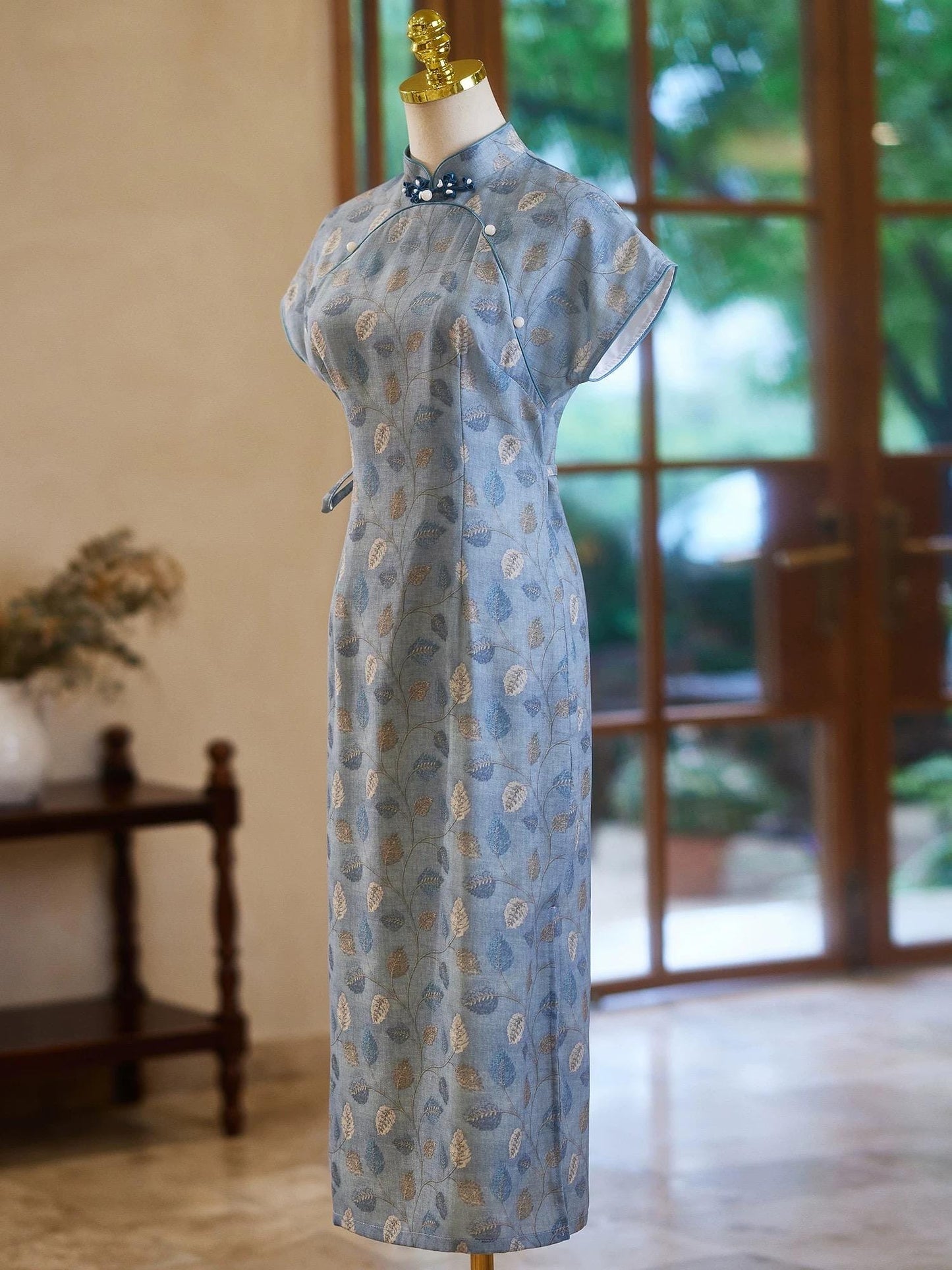 Light Blue Cheongsam, Summer Chinese Qipao, Floral Pattern Daily Wear Dress