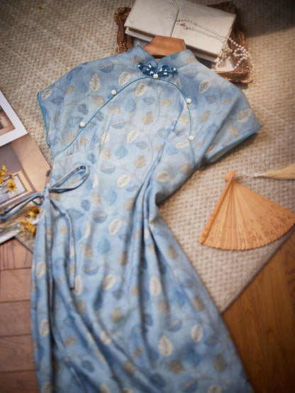 Light Blue Cheongsam, Summer Chinese Qipao, Floral Pattern Daily Wear Dress