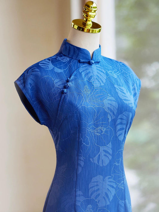 Blue Cheongsam, Summer Chinese Qipao, long length Daily Wear dress