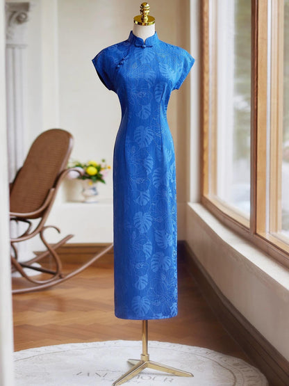 Blue Cheongsam, Summer Chinese Qipao, long length Daily Wear dress