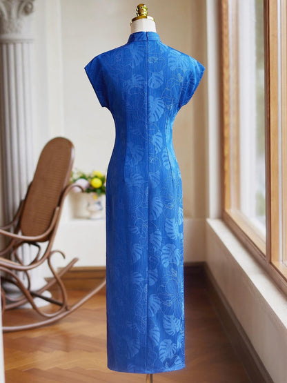 Blue Cheongsam, Summer Chinese Qipao, long length Daily Wear dress