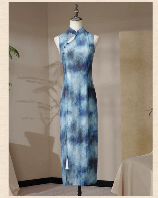 Blue Sleeveless Cheongsam, Summer Chinese Qipao