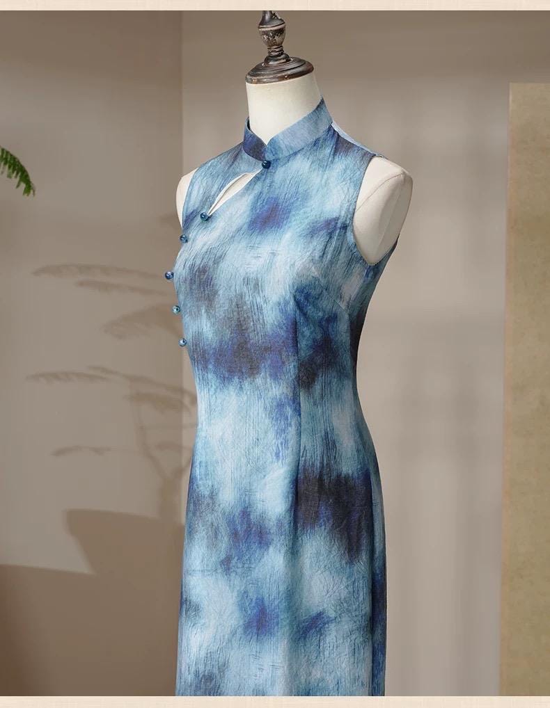 Blue Sleeveless Cheongsam, Summer Chinese Qipao