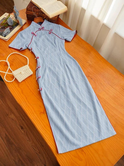 Blue Cheongsam, Summer Chinese Qipao, Blue mid-length Daily Wear Party Dress