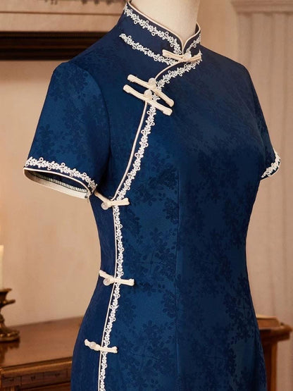 Blue Cheongsam with white forge buttons, Summer Chinese Qipao