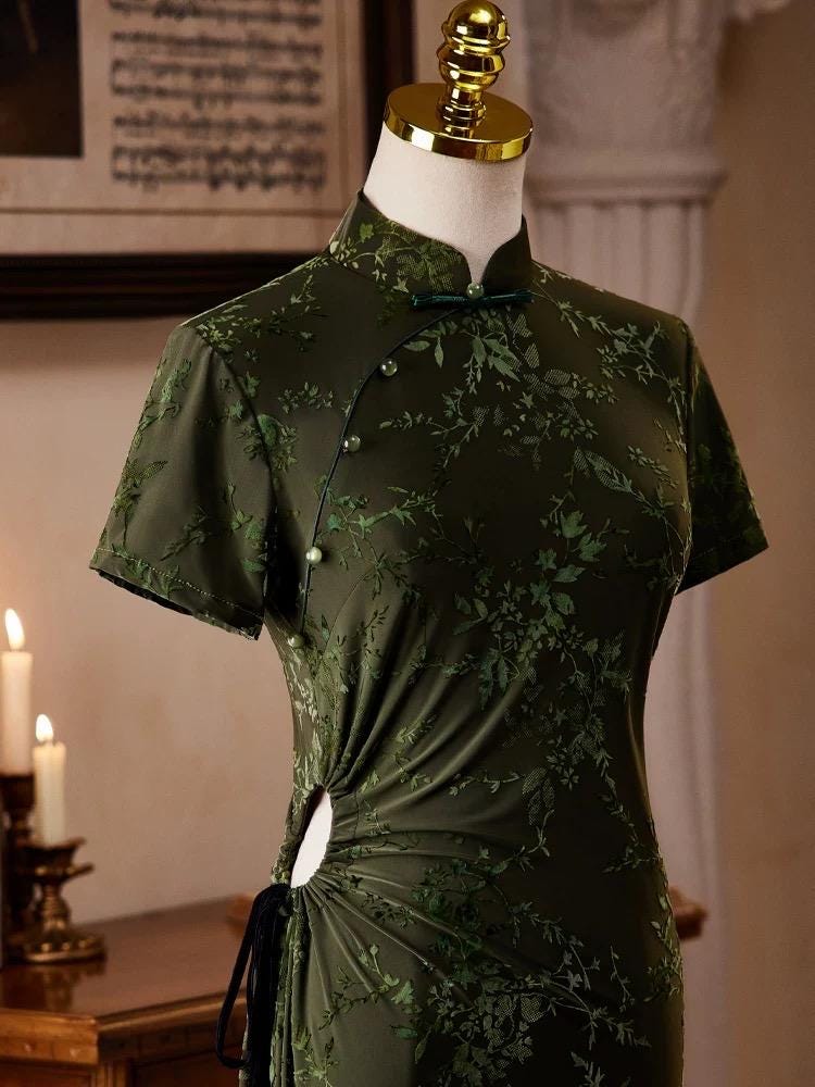 Chinese Cheongsam in Dark Green, Summer Chinese Qipao