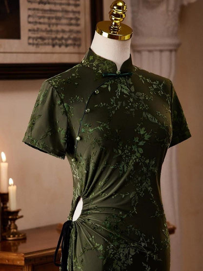 Chinese Cheongsam in Dark Green, Summer Chinese Qipao