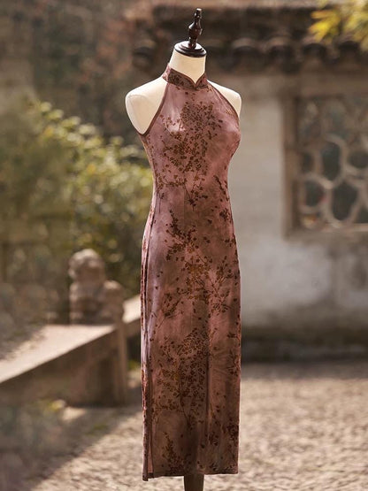 Brown Sleeveless Cheongsam, Summer Chinese Qipao, long length Daily Wear Halterneck dress