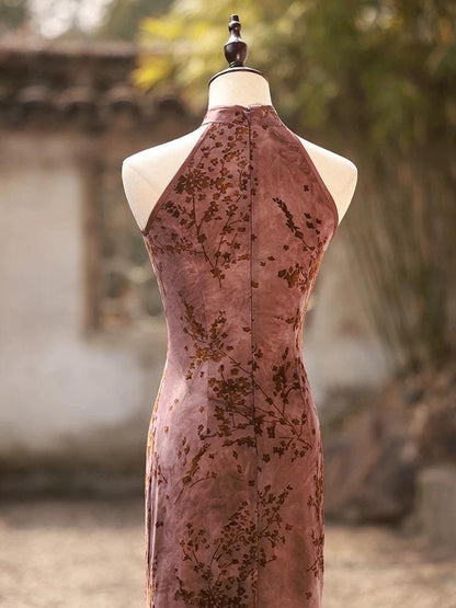 Brown Sleeveless Cheongsam, Summer Chinese Qipao, long length Daily Wear Halterneck dress