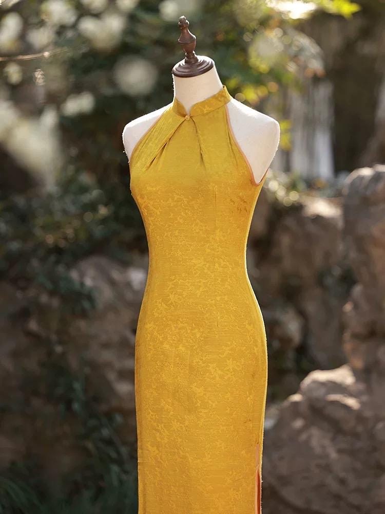 Yellow/Black Sleeveless Cheongsam, Summer Chinese Qipao