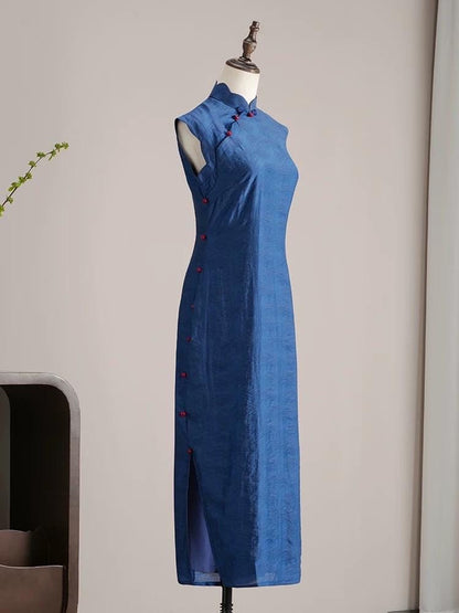 Blue Sleeveless Cheongsam, Summer Chinese Qipao, long length Daily Wear