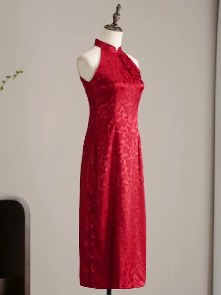 Red Sleeveless Cheongsam Halterneck Dress