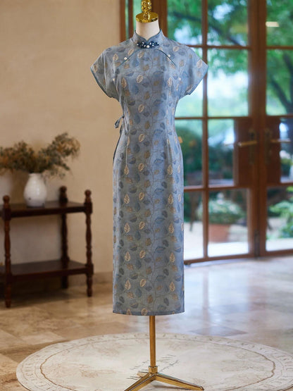 Light Blue Cheongsam, Summer Chinese Qipao, Floral Pattern Daily Wear Dress