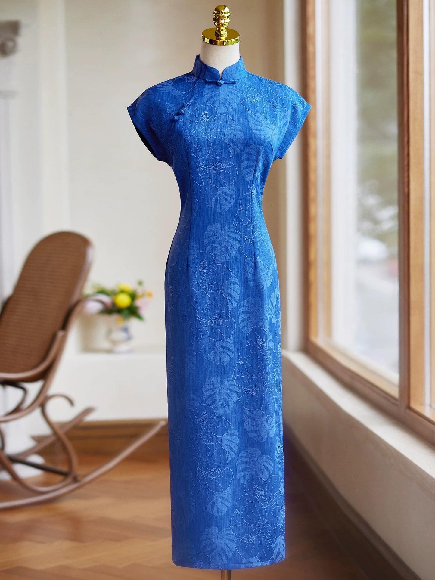 Blue Cheongsam, Summer Chinese Qipao, long length Daily Wear dress