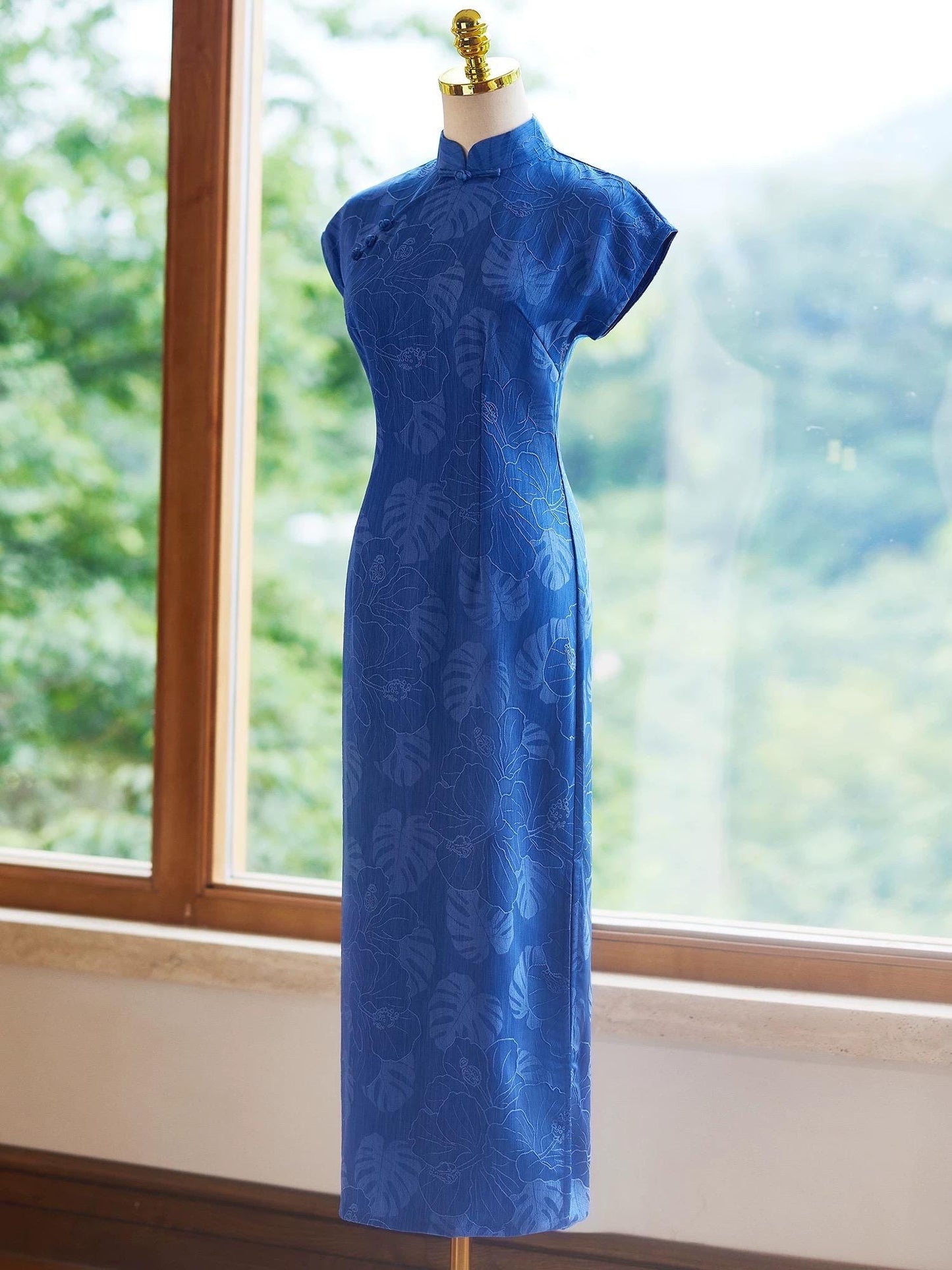 Blue Cheongsam, Summer Chinese Qipao, long length Daily Wear dress